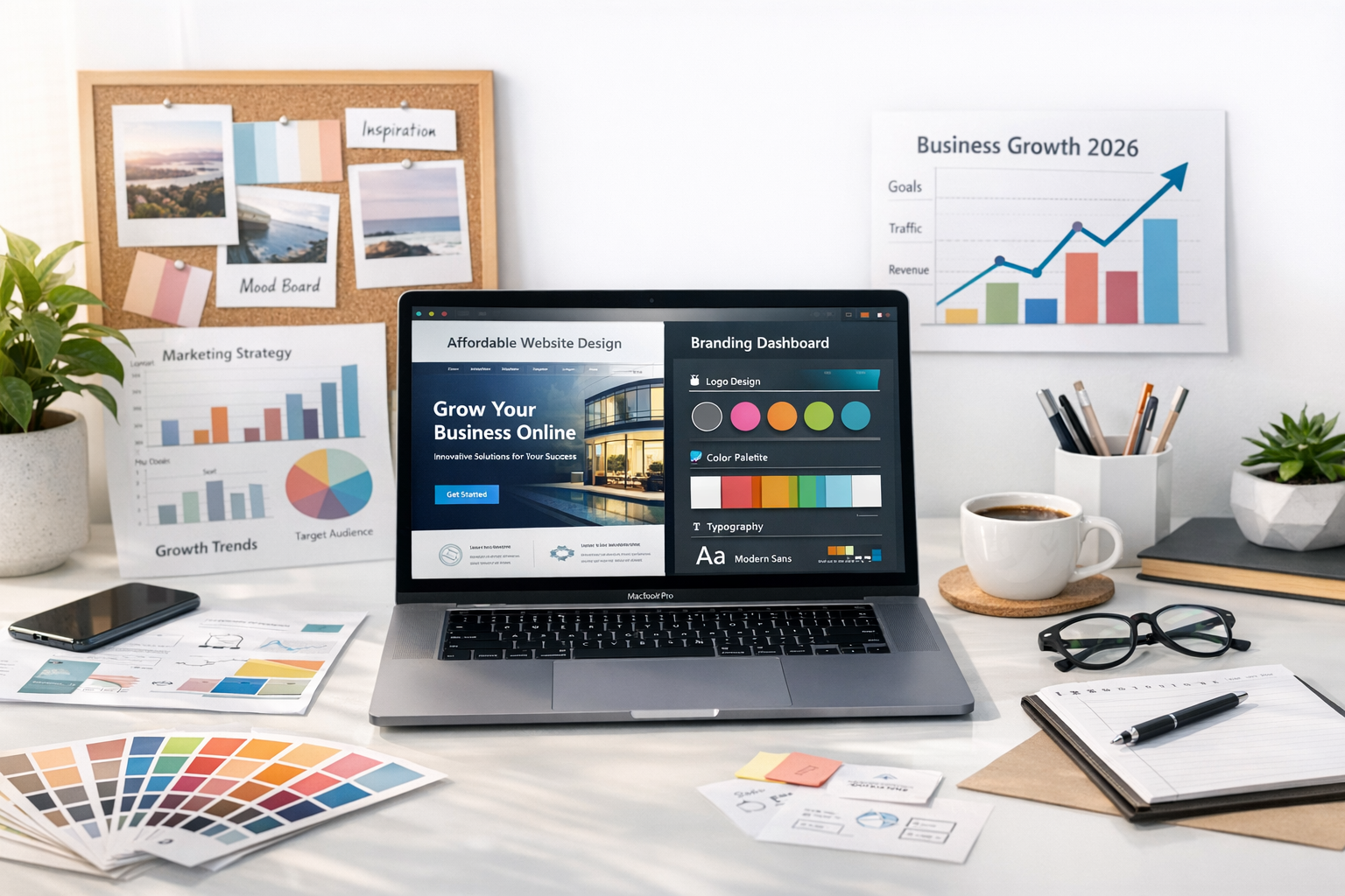 Modern web design workspace in London showing a laptop with a professional website layout